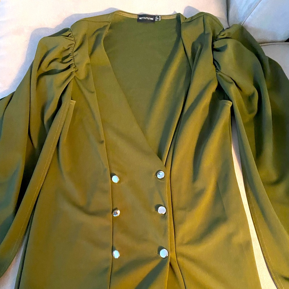 Olive Puffy Sleeve Cape Dress w/ Gold Buttons